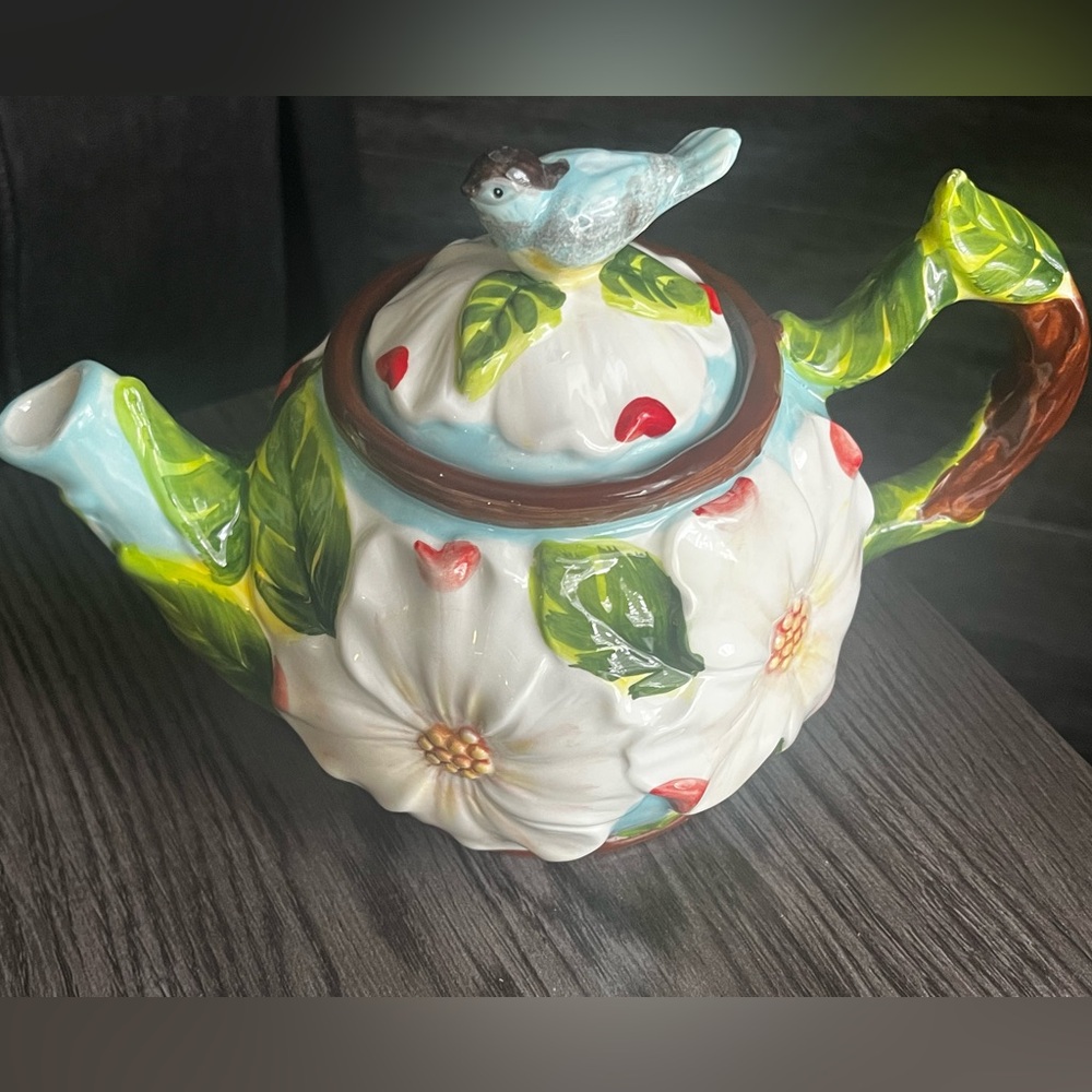 Cracker Barrel White Floral Ceramic Teapot with Blue Bird
